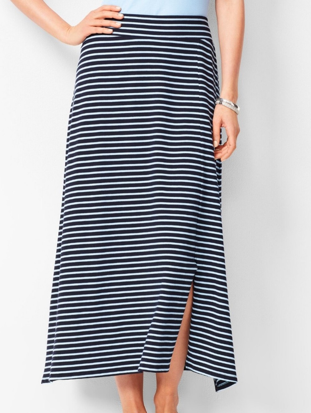 Talbots Navy & White Striped Maxi Skirt with Side Slit